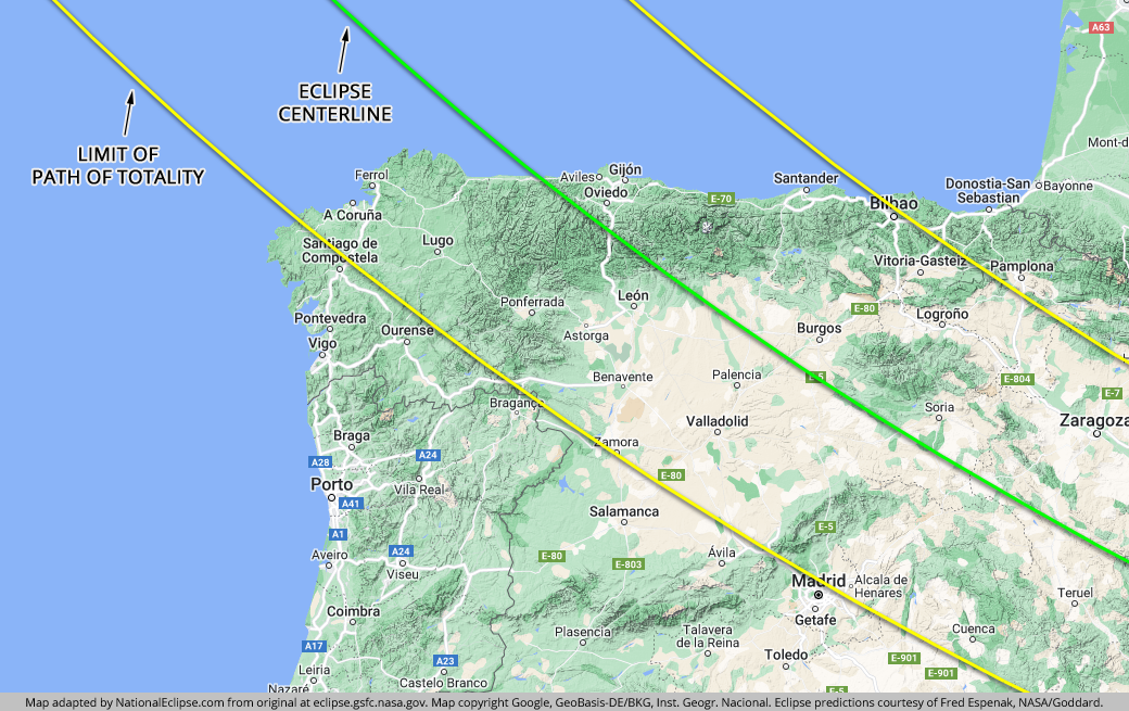 A map of northern Spain showing the centerline and limits of the August 12, 2026 total solar eclipse path.
